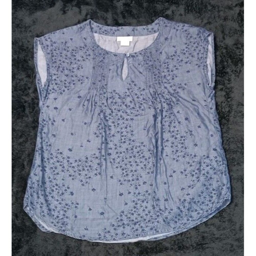 Liz Claiborne Sleeveless Chambray Pleated Pintuck Blouse S Ditsy Floral Peasant